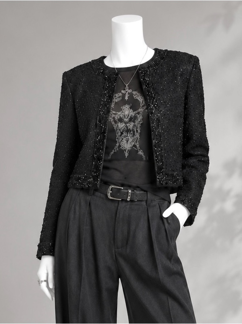 Vintage Stenay Beaded Sequin Jacket Petite M Black Silk Whimsigoth Evening